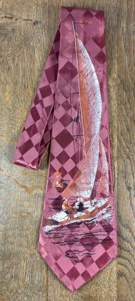 Rare 1940s Burgundy Check Handpainted Sailing Tie By Genie Creations