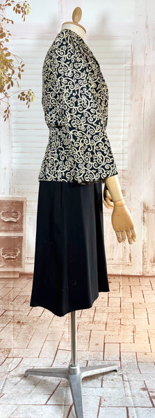 1940s Dress Suit – Scroll Print Jacket with Red Shoulder Stripe Dress