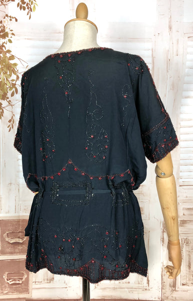 Exceptionally Rare Original 1920s Volup Navy Blue Flapper Blouse With Red Beading By French Couturier Adair House Of France