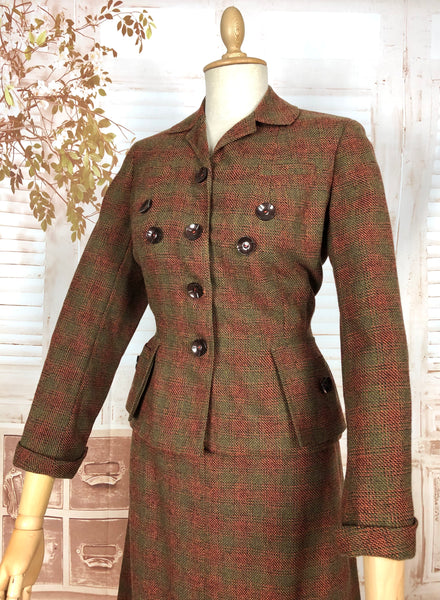 Amazing Original 1940s Volup Vintage Autumn Tone Rust Brown And Green Plaid Skirt Suit