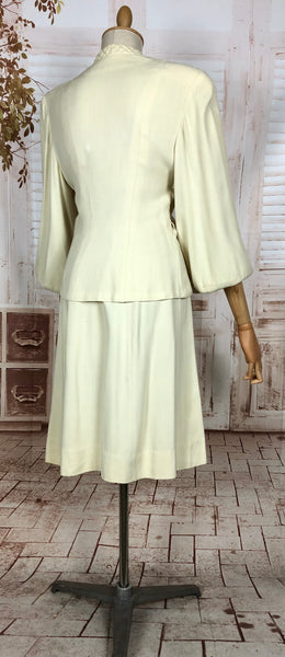 Incredible Original 1940s Vintage Off White Cream Skirt Suit With Quilted Shoulders And Huge Bishop Sleeves