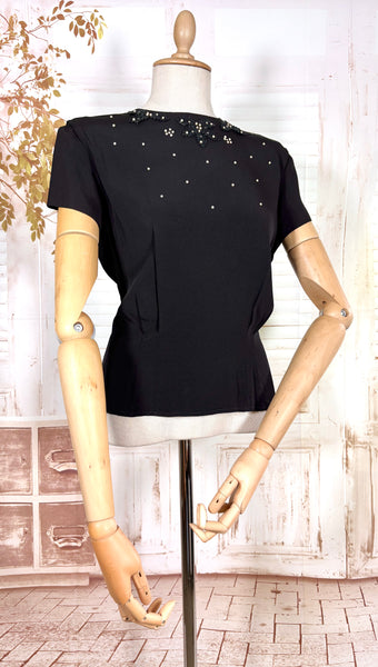 1940s Alice Stuart Black Rayon Blouse – Pearl and Soutache Beaded Detail