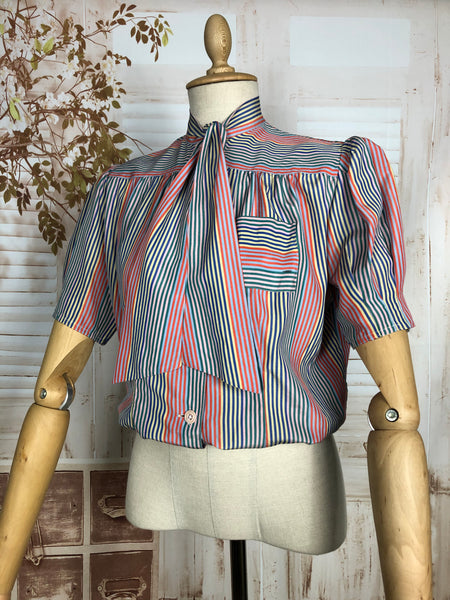 Stunning Original 1930s Volup Vintage Red White And Blue Candy Striped Silk Puff Sleeve Blouse