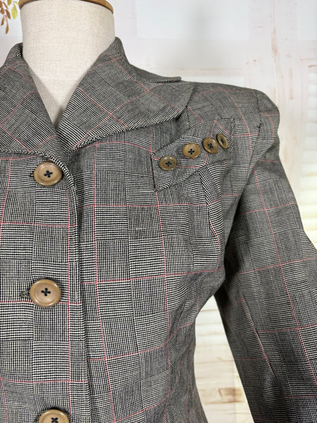 1940s Grey Checked Skirt Suit with Pink Overcheck & Button Detail