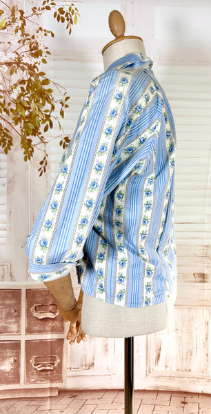 1950s Blue Floral Stripe Cotton Jacket Blouse