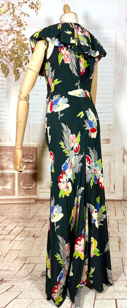 Rare 1930s Black Floral Silk Evening Dress with Ruffled Collar