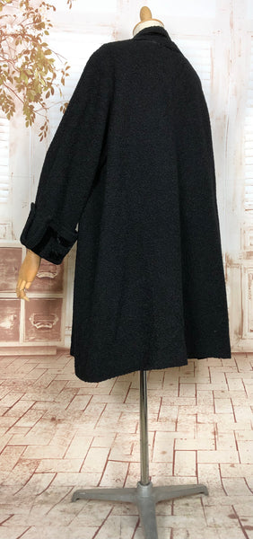 Fabulous Original Late 1940s Volup Vintage Black Boucle Swing Coat With Geometric Velvet Details By Ted Stein