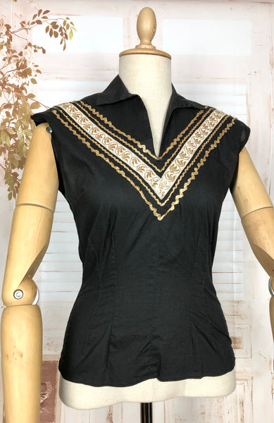 Fabulous Original 1950s Vintage Black And Gold Trimmed Patio Blouse