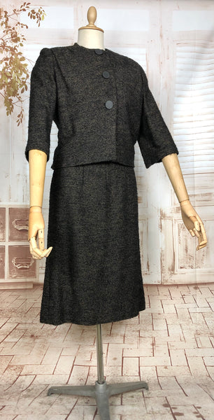 Classic Original 1950s Vintage Chocolate Brown Boucle Dress And Jacket Suit By Fred A Block