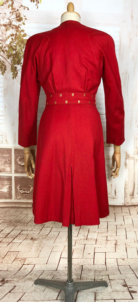 Exceptional Original 1940s Lipstick Red Coat By Gleneagles With Gold Studded Belt