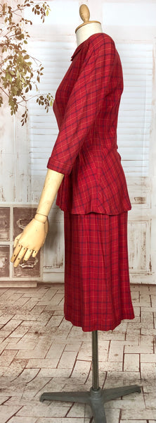 Exquisite Original 1940s Vintage Red Plaid Peplum Skirt Suit