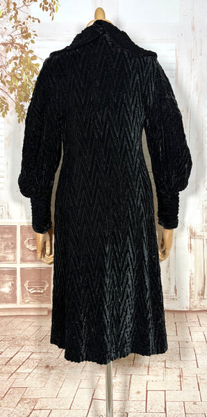 Exceptional 1920s / Early 1930s Black Textured Velvet Coat with Silk Lining and Bishop Sleeves