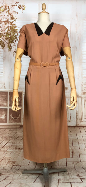 Incredible Original 1940s Volup Dress Suit In Tan With Chocolate Brown Accents