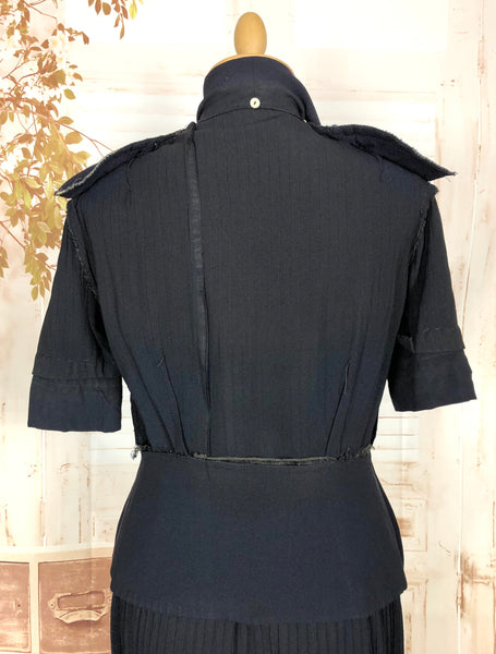 Exquisite Original 1940s Vintage Navy Blue Crepe Skirt Suit With Pin Tucks