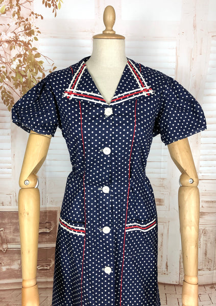 1940s Red White And Blue Spotted Day Dress