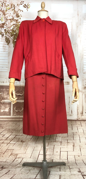 Exceptional Original 1940s Vintage Lipstick Red Swing Suit With Button Details