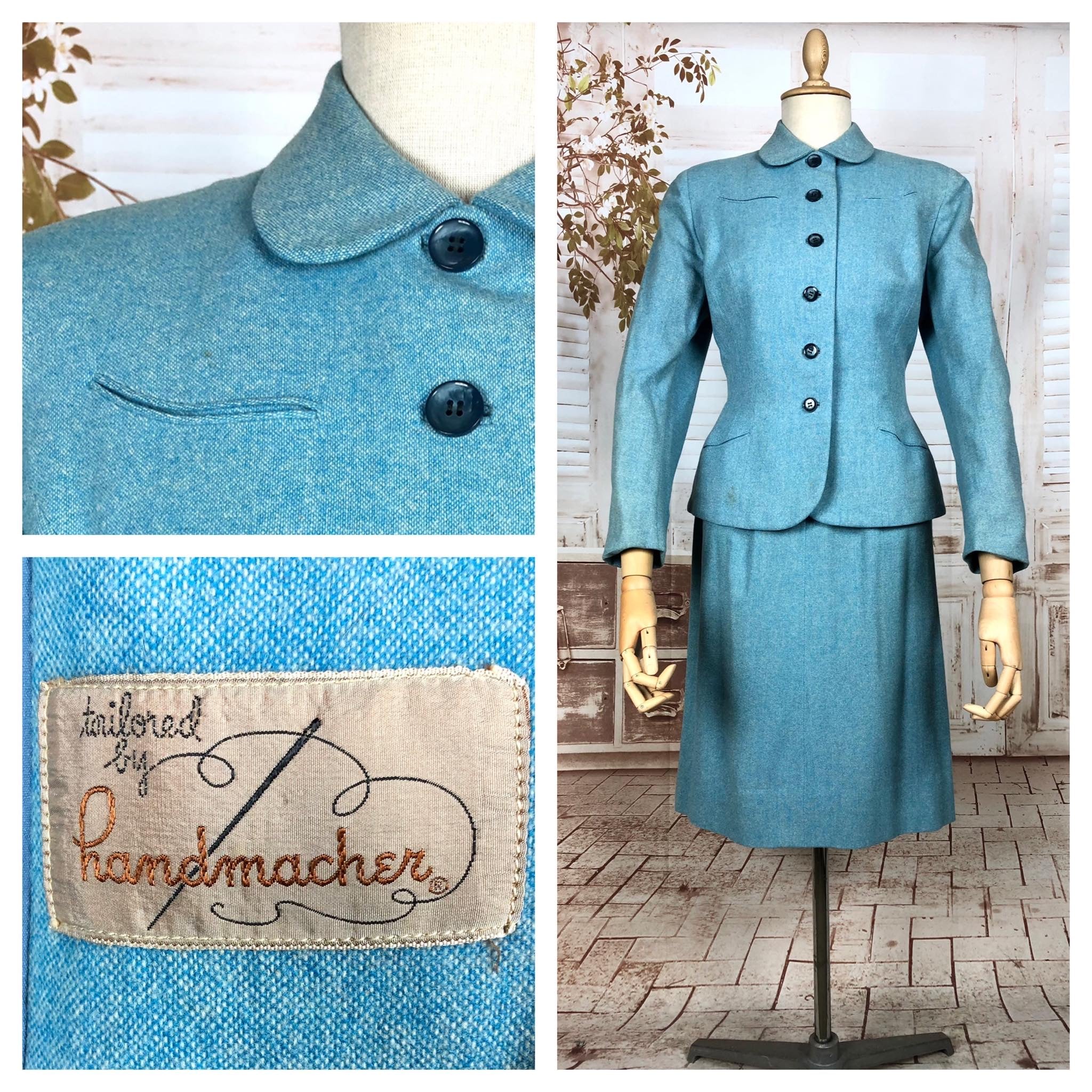 Amazing Original 1940s Vintage Sky Blue Skirt Suit By Handmacher