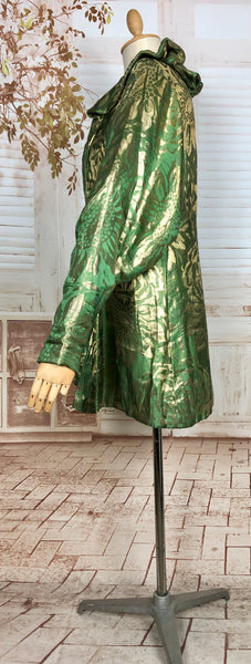 LAYAWAY PAYMENT 6 OF 6 - RESERVED FOR GILDA - Incredible Original 1920s Vintage Green And Gold Lamé Flapper Coat With Amazing Gigot Sleeves