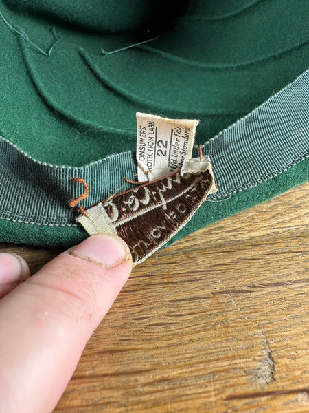 Super Rare Forest Green 1940s Fedora Hat With Red Suede Band