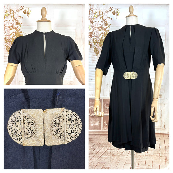 Exquisite 1930s Black Crepe Dress And Redingote Coat With Gold Filigree Buckle
