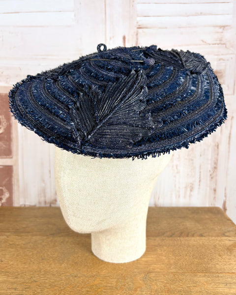 Navy Blue 1940s Straw Percher Hat With Matching Hat Pins