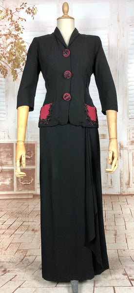 Amazing 1930s Long Line Skirt Suit With Fuchsia Pink Beaded Accents