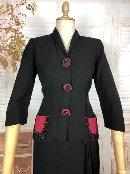 Amazing 1930s Long Line Skirt Suit With Fuchsia Pink Beaded Accents