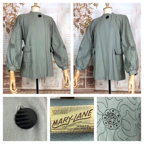 LAYAWAY PAYMENT 1 OF 2 - RESERVED FOR GIULIA - Incredible Original 1940s Vintage Grey Swing Coat With Embroidered And Studded Bishop Sleeves