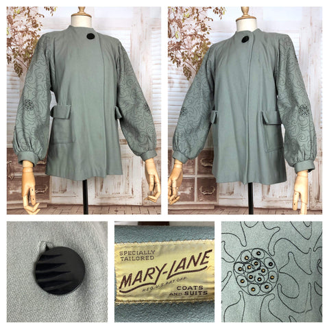 LAYAWAY PAYMENT 2 OF 2 - RESERVED FOR GIULIA - Incredible Original 1940s Vintage Grey Swing Coat With Embroidered And Studded Bishop Sleeves