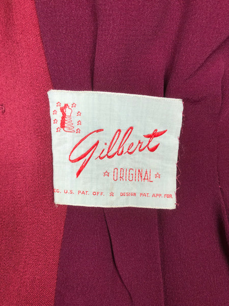 Exceptional 1940s Burgundy Red Gabardine Belted Skirt Suit By Gilbert Original