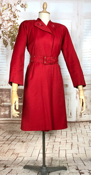 Exceptional Original 1940s Lipstick Red Coat By Gleneagles With Gold Studded Belt