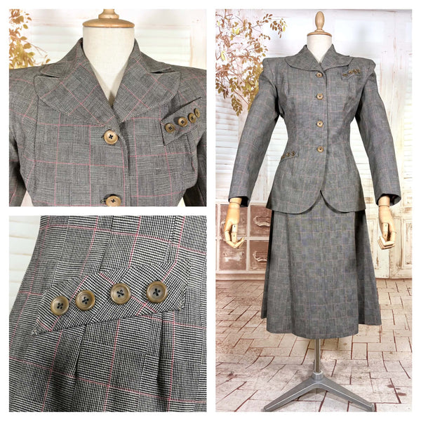 1940s Grey Checked Skirt Suit with Pink Overcheck & Button Detail