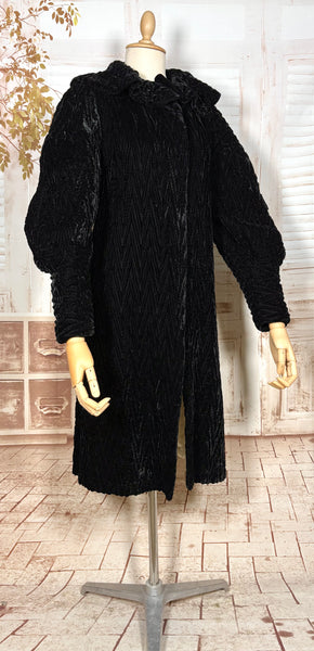 Exceptional 1920s / Early 1930s Black Textured Velvet Coat with Silk Lining and Bishop Sleeves