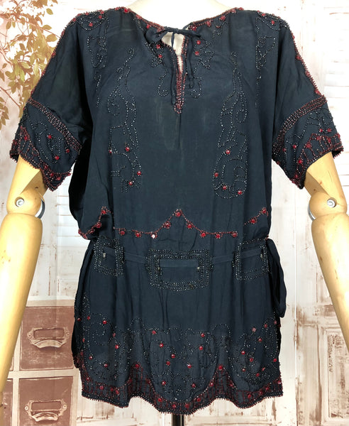 Exceptionally Rare Original 1920s Volup Navy Blue Flapper Blouse With Red Beading By French Couturier Adair House Of France