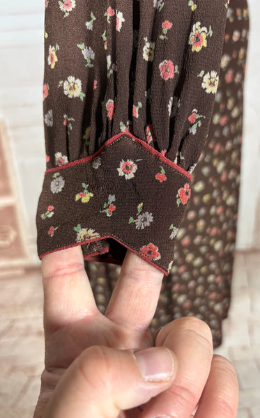 1930s Chocolate Brown Floral Crepe Dress with Pointed Cuffs