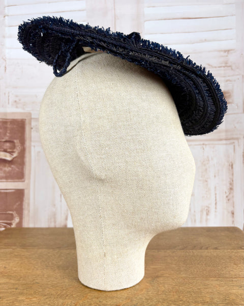 Navy Blue 1940s Straw Percher Hat With Matching Hat Pins