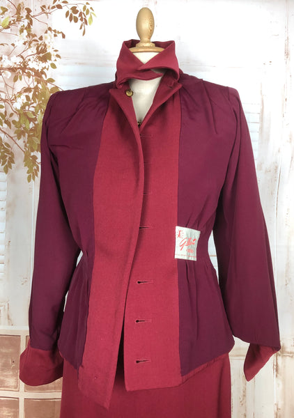 Exceptional 1940s Burgundy Red Gabardine Belted Skirt Suit By Gilbert Original