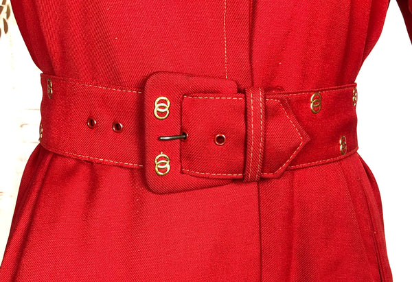 Exceptional Original 1940s Lipstick Red Coat By Gleneagles With Gold Studded Belt