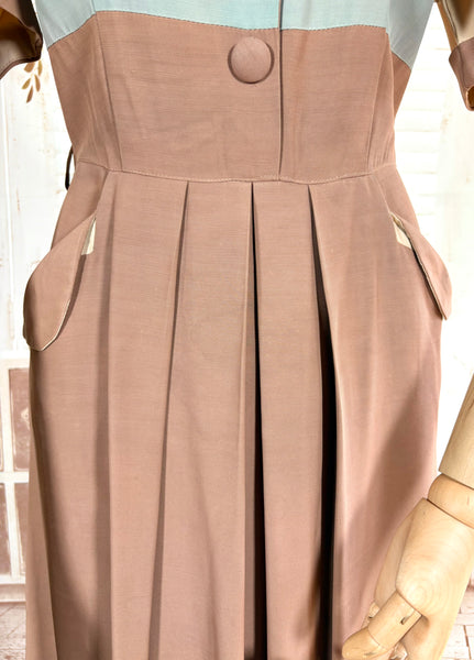 1940s Colour Block Day Dress in Mocha, Cream & Dusty Blue