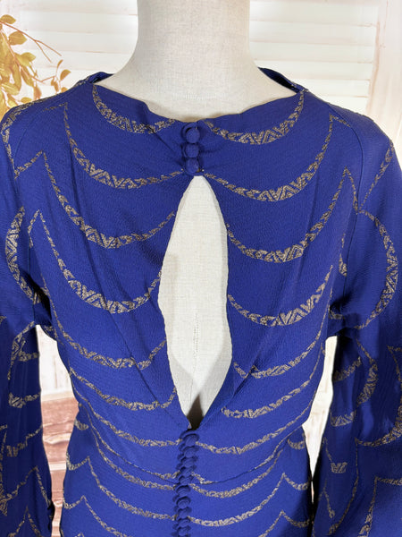 1930s Royal Blue Gold Lamé Chevron Coat | Statement Sleeve Antique Evening Coat