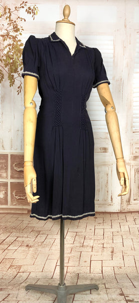 Fabulous Navy 1930s Dress With Puff Sleeves And Rouleau Trim