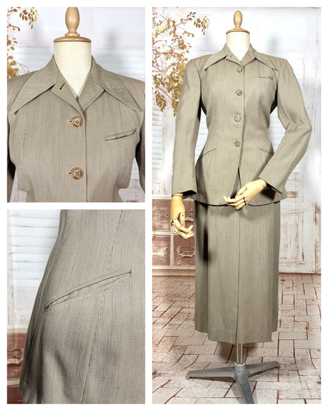 1940s Taupe Pinstripe Wool Skirt Suit – Spearpoint Collar Tailored Jacket