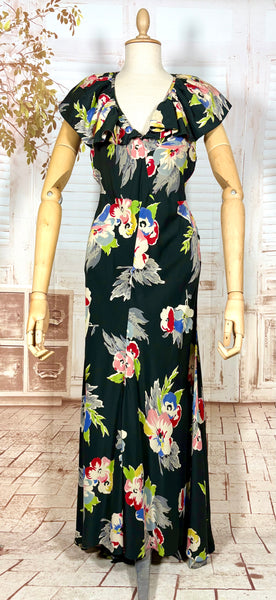 Rare 1930s Black Floral Silk Evening Dress with Ruffled Collar