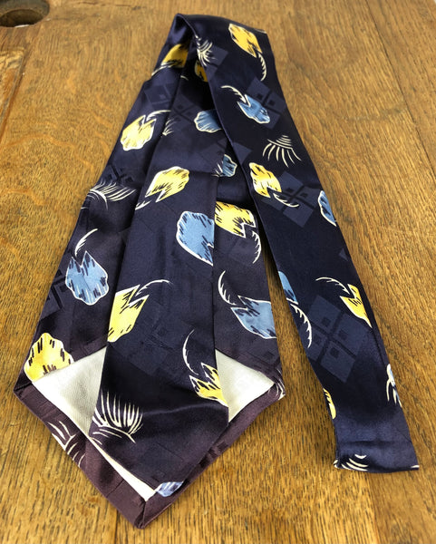 1940s Navy American Rayon Swing Tie with Blue & Yellow Abstract Leaf Print