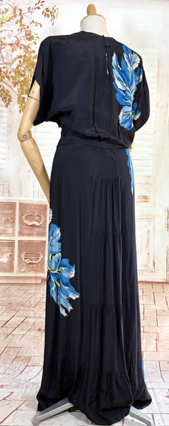 Exceptional 1940s Rayon Full Length Hawaiian Dress With Large Tropical Print