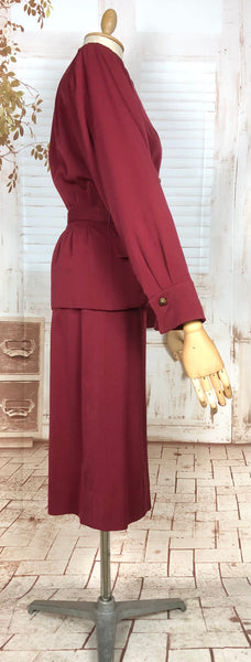 Exceptional 1940s Burgundy Red Gabardine Belted Skirt Suit By Gilbert Original