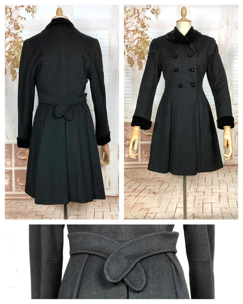 Fabulous Late 1940s Black Double Breasted Princess Coat With Belt Back
