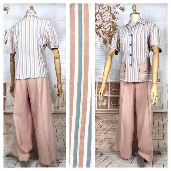 Super Rare Original Late 1930s / Early 1940s Volup Vintage Pink Candy Striped Denim Pant Suit By Edwin Blu Surf