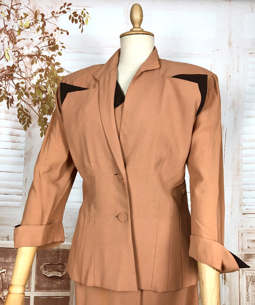 Incredible Original 1940s Volup Dress Suit In Tan With Chocolate Brown Accents