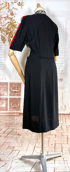 1940s Dress Suit – Scroll Print Jacket with Red Shoulder Stripe Dress